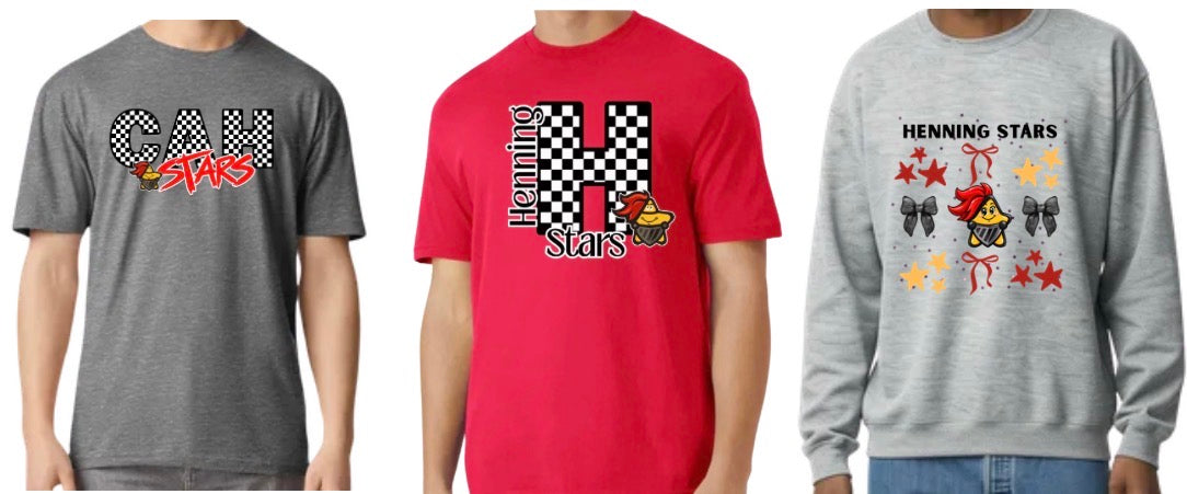Henning PTO shirt designs: CAH Stars, Henning Stars H checkered, Henning Stars Bow